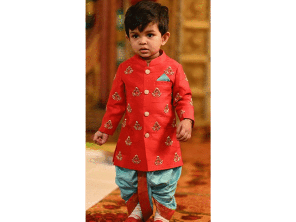 Red Embroidered Kurta with Blue Dhoti – Regal Wedding Outfit for Boys