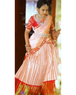 Peach & Red Silk Half Saree Set – Traditional Langa Voni Outfit for Girls