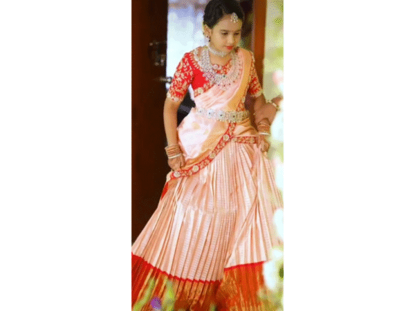 Peach & Red Silk Half Saree Set – Traditional Langa Voni Outfit for Girls