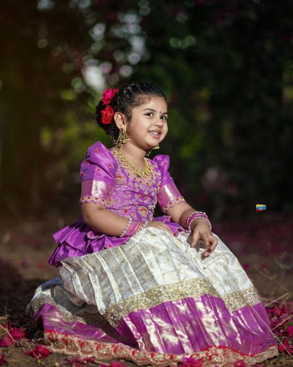 Lavender & Cream Embroidered Pattu Pavadai Set – Elegant Festive Wear for Girls