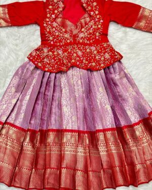 Product Title: Red Embroidered Peplum Blouse with Lavender Banarasi Pattu Skirt – Tiny Pattu Premium Festive Wear