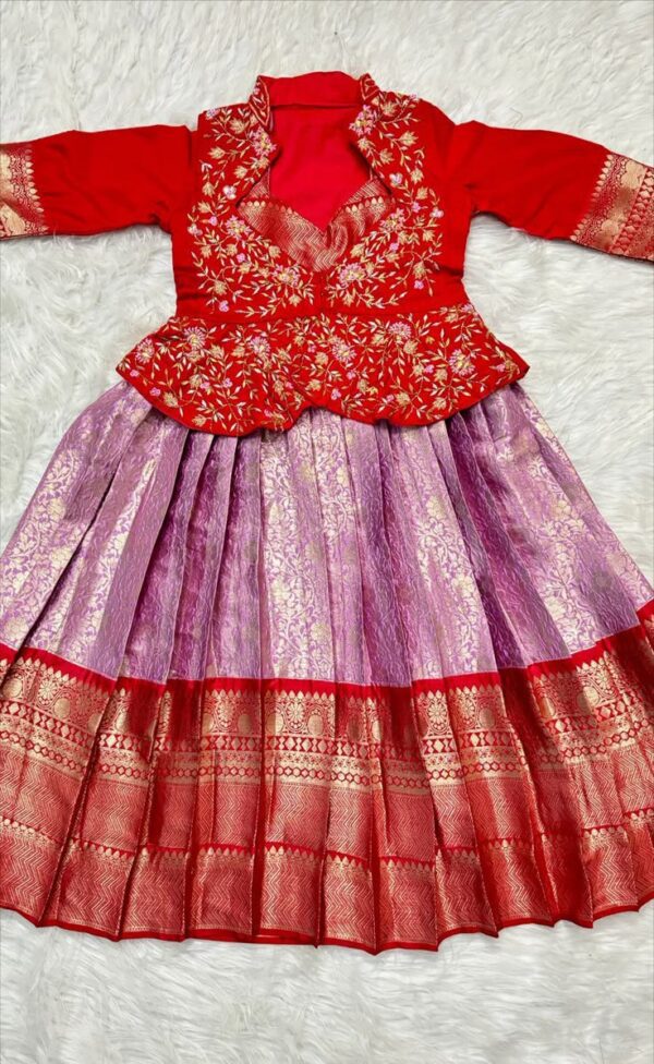 Product Title: Red Embroidered Peplum Blouse with Lavender Banarasi Pattu Skirt – Tiny Pattu Premium Festive Wear