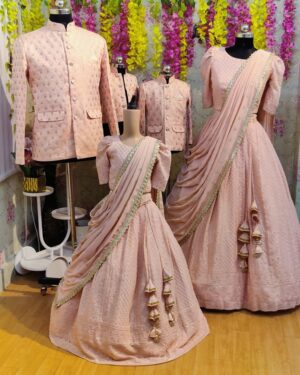 Elegant Blush Pink Family Outfit Set – Draped Gown & Embroidered Jacket Style Combo