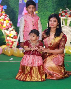 Maroon & Peach Pattu Family Combo – Saree, Pattu Pavadai, and Kurta Jacket Set for Ceremonial Celebrations
