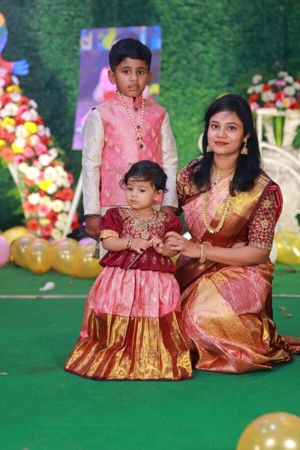 Maroon & Peach Pattu Family Combo – Saree, Pattu Pavadai, and Kurta Jacket Set for Ceremonial Celebrations