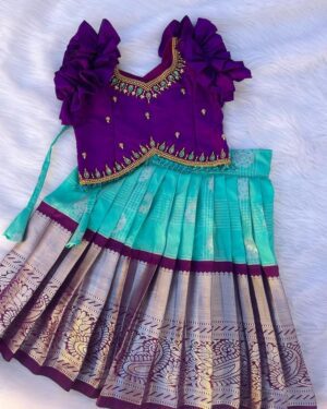 Purple & Aqua Blue Designer Pattu Pavadai for Girls – With Frill Sleeves & Mirror Work