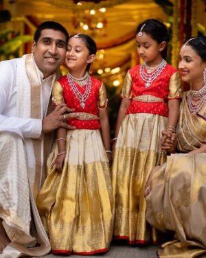 Gold & Red Pattu Family Combo – Saree, Twin Pattu Pavadai, and Veshti Kurta Set for Traditional Celebrations