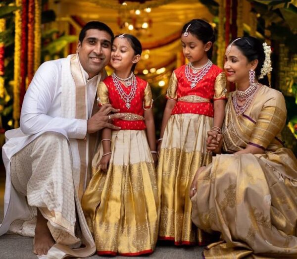 Gold & Red Pattu Family Combo – Saree, Twin Pattu Pavadai, and Veshti Kurta Set for Traditional Celebrations