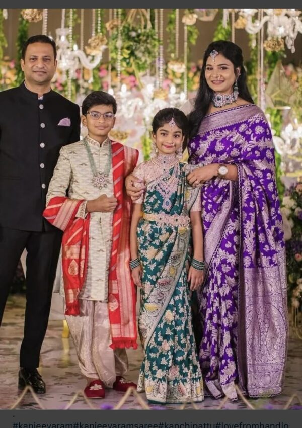 Royal Kanjeevaram Family Combo – Saree, Pattu Saree for Girls, and Kurta-Dhoti Set for Celebrations