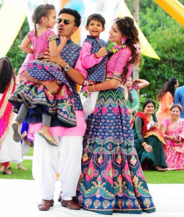 Pink & Blue Mehendi Family Combo – Coordinated Lehenga, Kurta, and Jacket Sets for Festive Celebrations