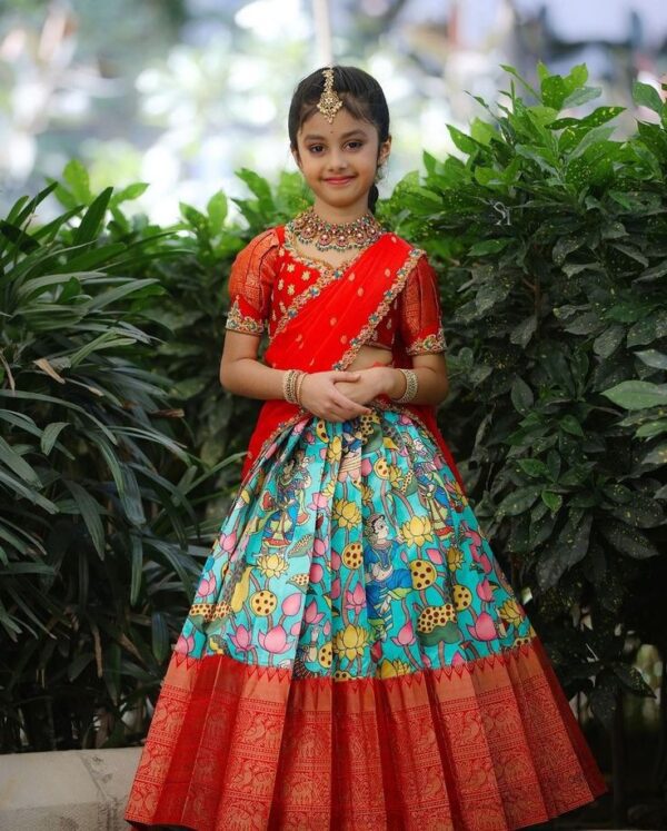 Kalamkari Print & Red Pattu Pavadai Set – Divine Motif Traditional Outfit for Girls