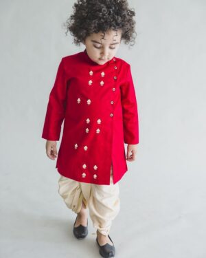 Red Asymmetric Kurta with Cream Dhoti Set – Designer Ethnic Wear for Boys