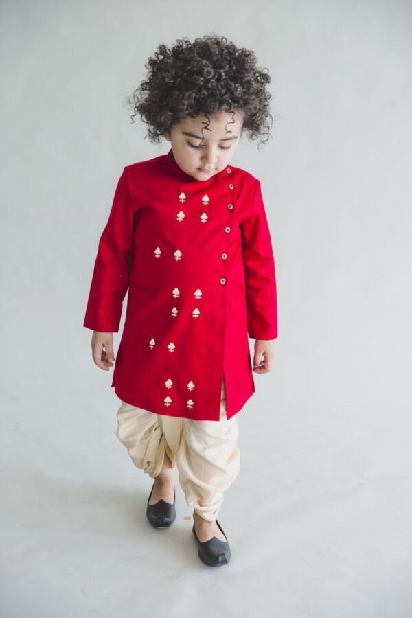 Red Asymmetric Kurta with Cream Dhoti Set – Designer Ethnic Wear for Boys