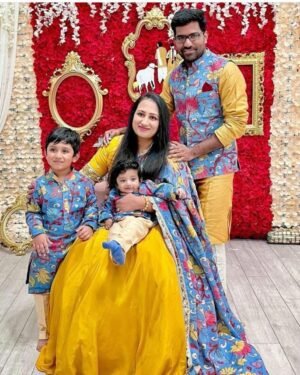Blue Floral Jacket & Mustard Yellow Family Combo – Twinning Ethnic Wear for Festive Celebrations