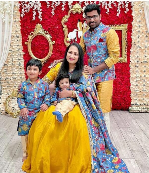 Blue Floral Jacket & Mustard Yellow Family Combo – Twinning Ethnic Wear for Festive Celebrations
