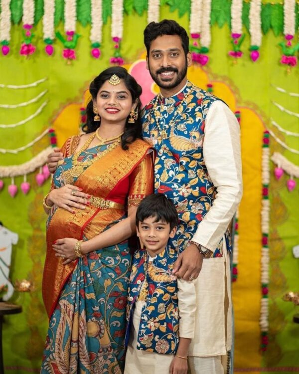 Peacock Print & Rust Orange Family Ethnic Wear Set – Saree and Jacket Combo for Traditional Events