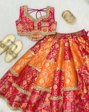 Vibrant Red-Orange Banarasi Lehenga Choli Set – Traditional Festive Wear for Girls