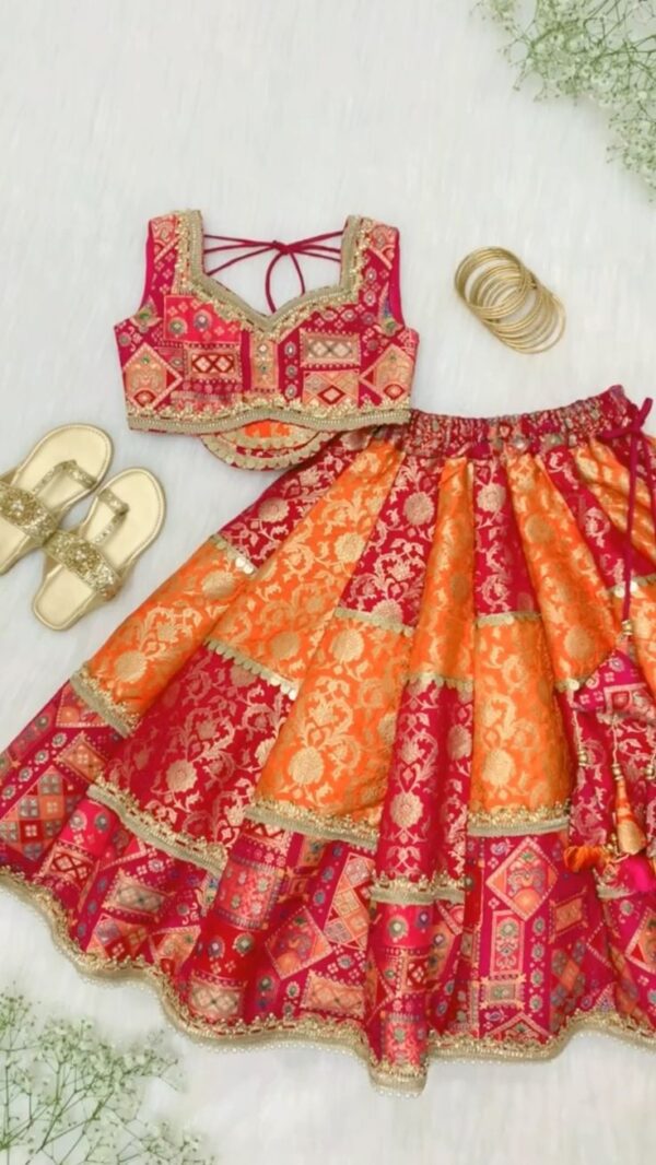Vibrant Red-Orange Banarasi Lehenga Choli Set – Traditional Festive Wear for Girls