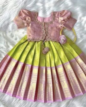 Product Title: Lime Green & Pink Pattu Pavadai with Designer Blouse – Traditional Ethnic Set for Girls by Tiny Pattu