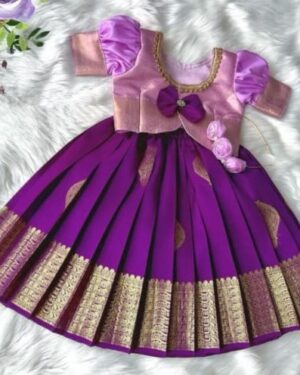 Royal Purple Pattu Pavadai Set – Pink Blouse with Puff Sleeves & Traditional Zari Skirt