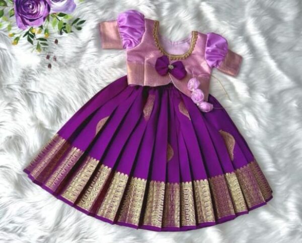 Royal Purple Pattu Pavadai Set – Pink Blouse with Puff Sleeves & Traditional Zari Skirt