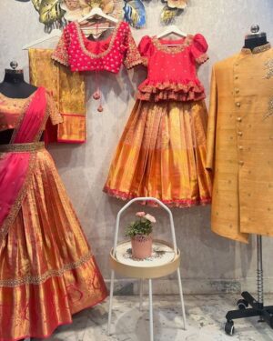 Festive Pink & Mustard Gold Family Outfit Set – Traditional South Indian Silk Wear for the Whole Family
