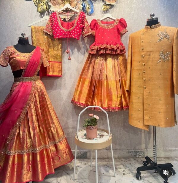 Festive Pink & Mustard Gold Family Outfit Set – Traditional South Indian Silk Wear for the Whole Family