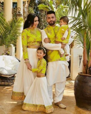 Lime Green & Ivory Traditional Family Outfit Set – Embroidered Jacket & Lehenga Combo for Celebrations